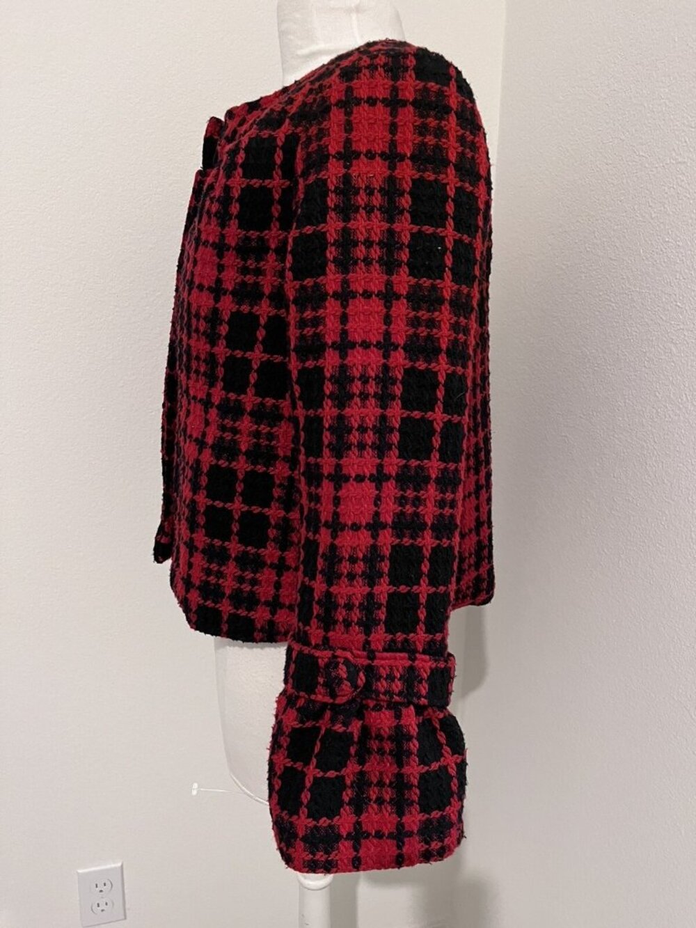 Oleg Cassini Vintage Plaid Wool Blend Lady Jacket Size M Jackie O Style Red Blk - Picture 8 of 14